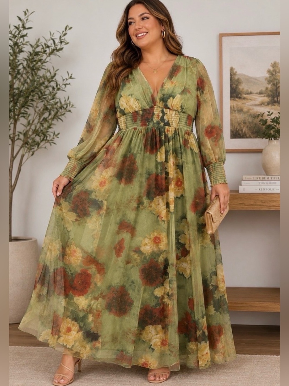 Baltic Born Olive Green Floral Maxi Dress with Yellow & Rust Blooms